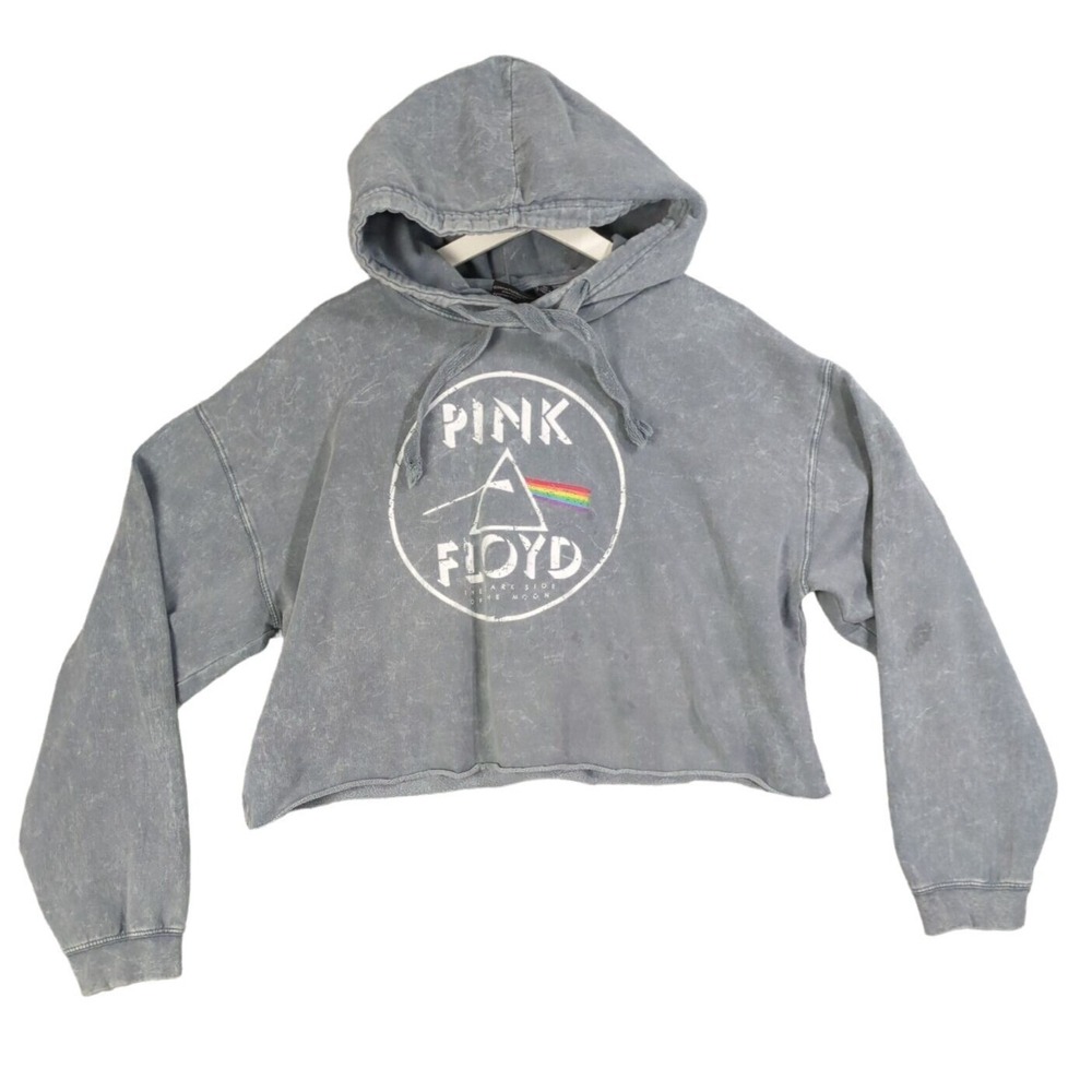 Pink Floyd Women Rock Grunge Acid Wash Crop Hoodie XL Gray Dark Side Moon Tour